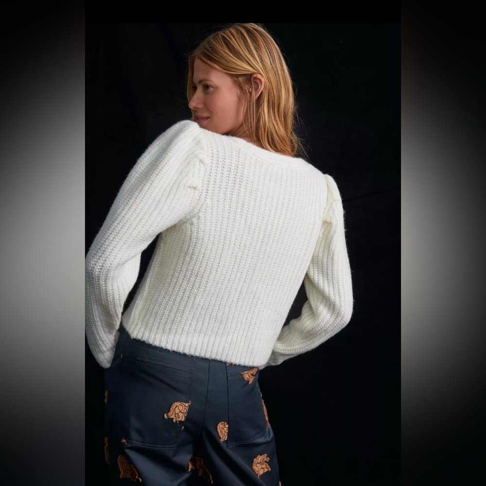Anthropologie Current Air Women's Ivory Knit Puff Sleeve Cardigan Sweater NEW - Picture 3 of 8
